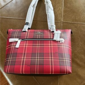 Coach Red Plaid Tote with Black Accents